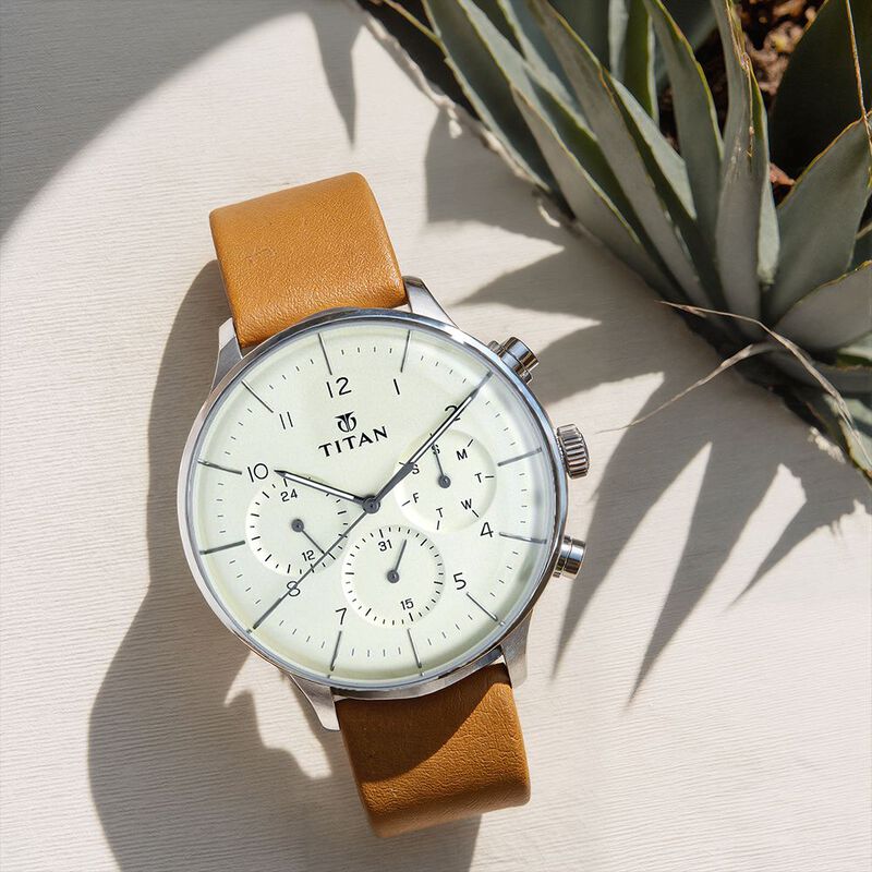Titan Quartz Multifunction Silver Dial Leather Strap Watch for Men