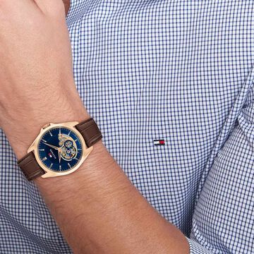 Tommy Hilfiger Automatic Automatic Blue Dial Brown Leather Strap Watch For Men