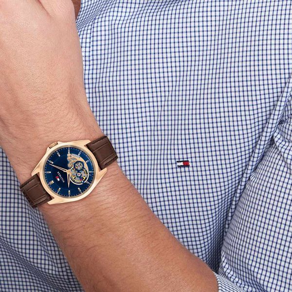 Tommy Hilfiger Automatic Automatic Blue Dial Brown Leather Strap Watch For Men - image number 3