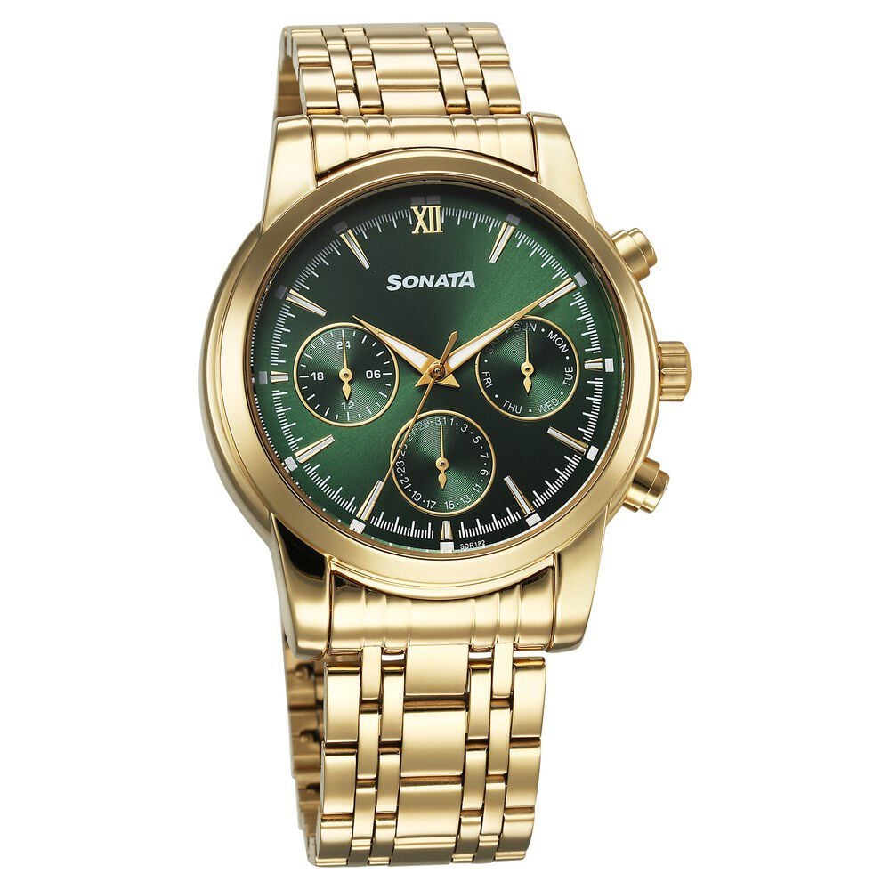 Buy Online Sonata Wedding Multifunction Green Dial Stainless Steel Strap Watch For Men 77158ym01 p Titan