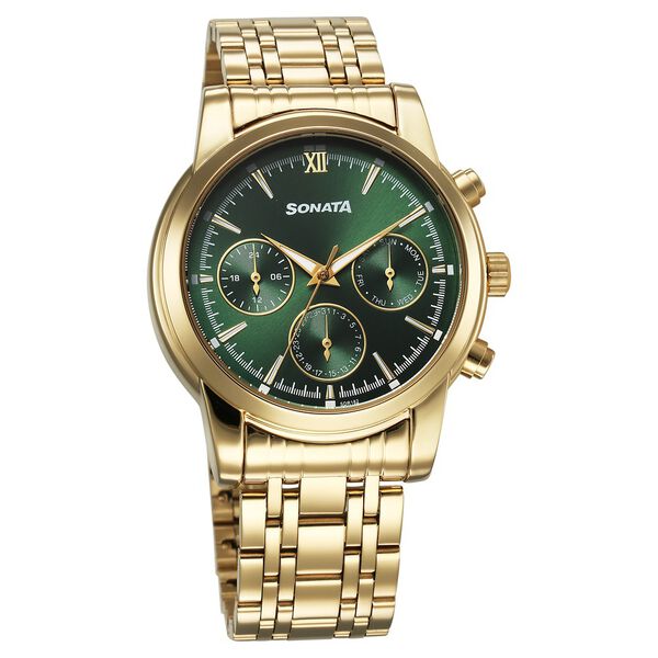 Sonata Wedding Multifunction Green Dial Stainless Steel Strap Watch For Men - image number 0