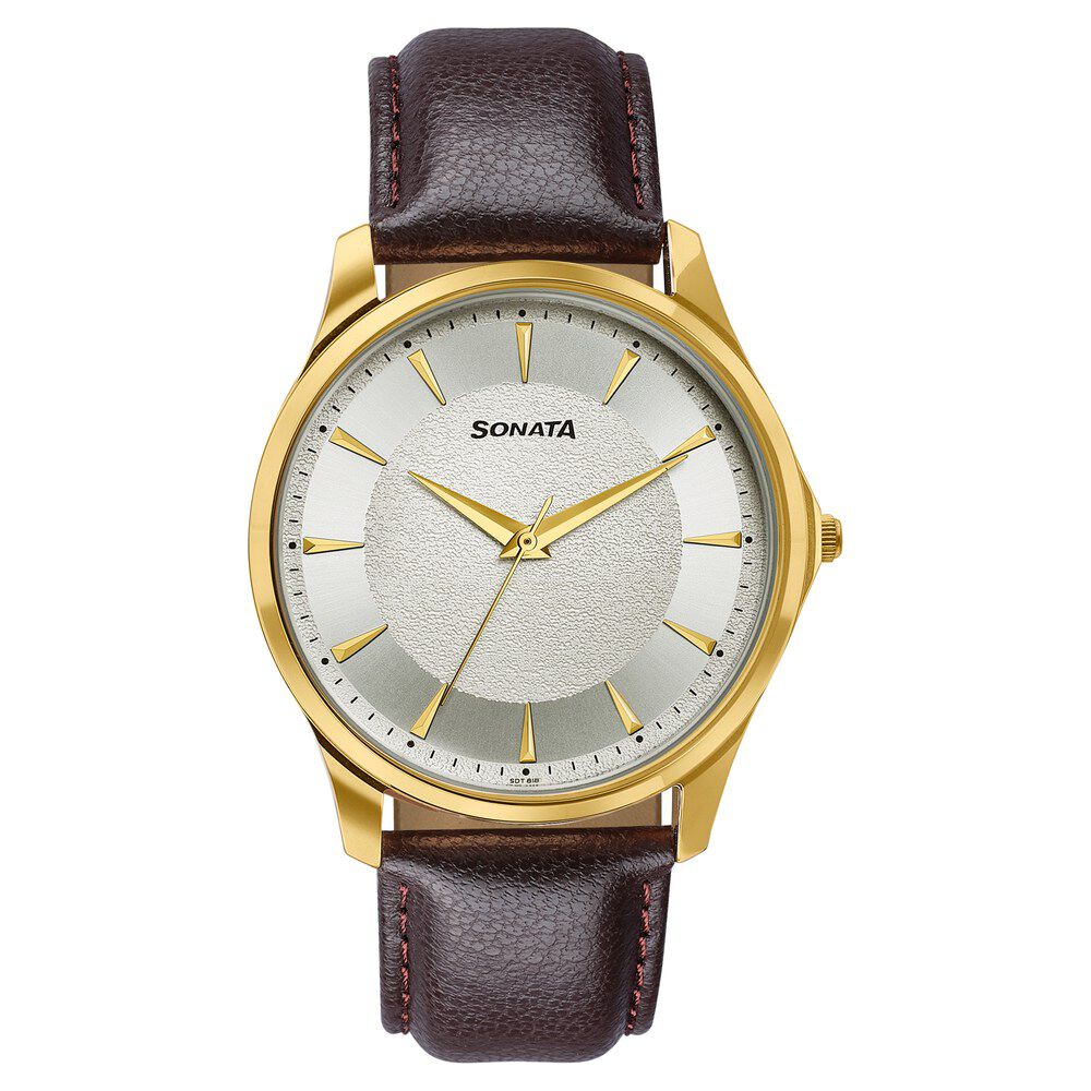 Sonata Traditional Essentials Silver Dial, Gold tone case Burgundy Genuine Leather Strap Watch-picture-16