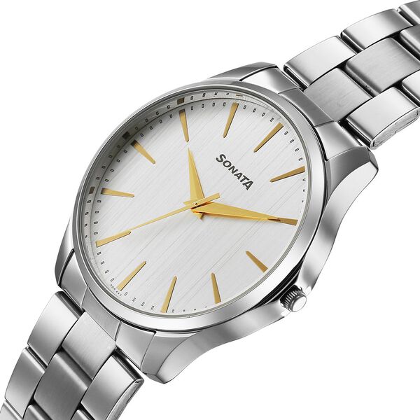 Sonata Traditional Essentials Quartz Analog Silver Dial Silver Metal Strap Watch For Men - image number 2