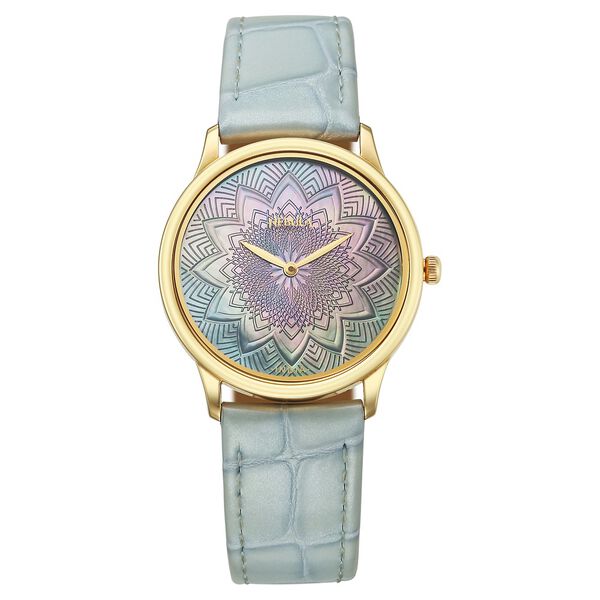 Titan Nebula Lotus 18 KT Gold Quartz Analog Blue Mother of Pearl Dial Leather Strap Watch For Women - image number 0