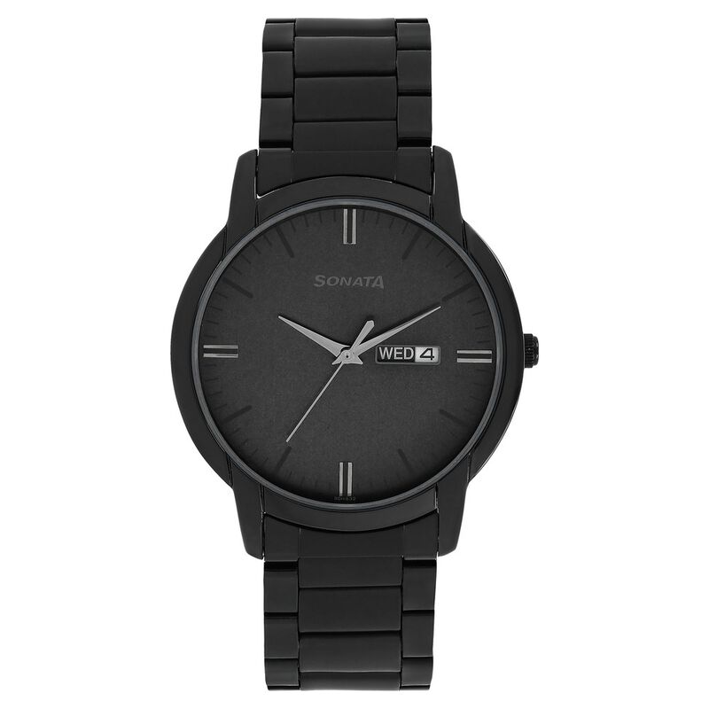 Sonata Quartz Analog with Day and Date Black Dial Stainless Steel Strap Watch for Men