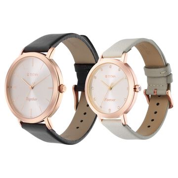 Titan Memento Grey Dial Analog Leather Strap Watch for Couple