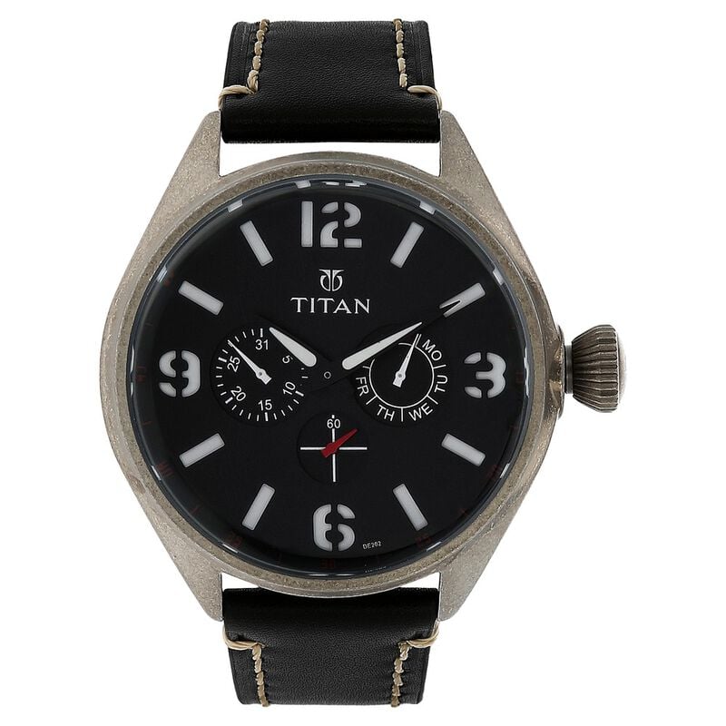 Titan Analog Black Dial with Date Leather Strap Watch for Men