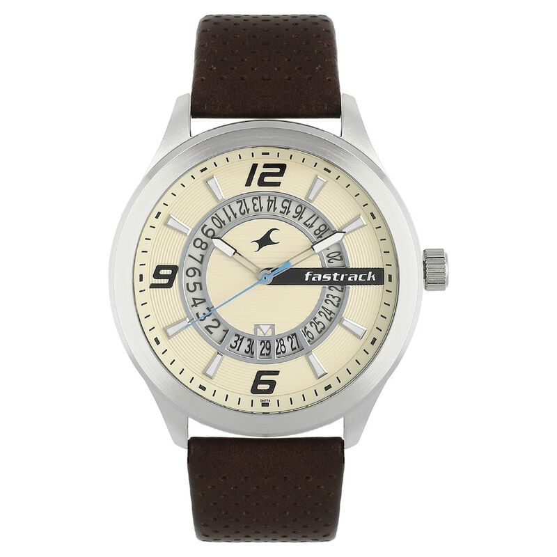 Fastrack Loopholes Quartz Analog with Date Beige Dial Leather Strap Watch for Guys