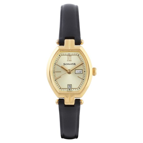 Sonata Quartz Analog with Day and Date Champagne Dial Leather Strap Watch for Women - image number 0