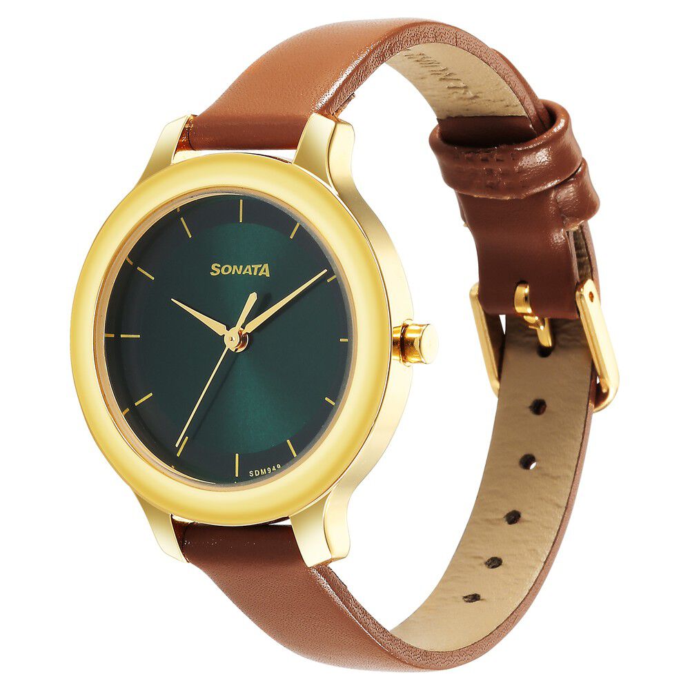 Buy Online Sonata Gold Edit Green Dial Women Watch With Leather