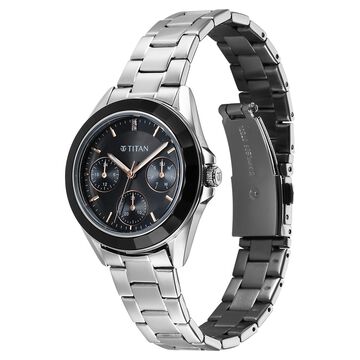 Titan Glamour Quartz Multifunction Black Dial Silver Stainless Steel Strap Watch For Women