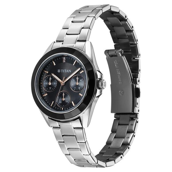 Titan Glamour Quartz Multifunction Black Dial Silver Stainless Steel Strap Watch For Women - image number 2