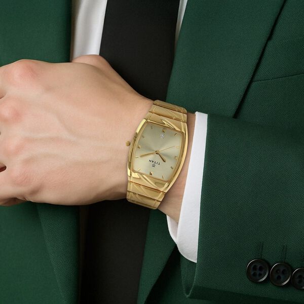 Titan Rectangle Champagne Dial Analog with Date Stainless Steel Strap watch for Men - image number 4
