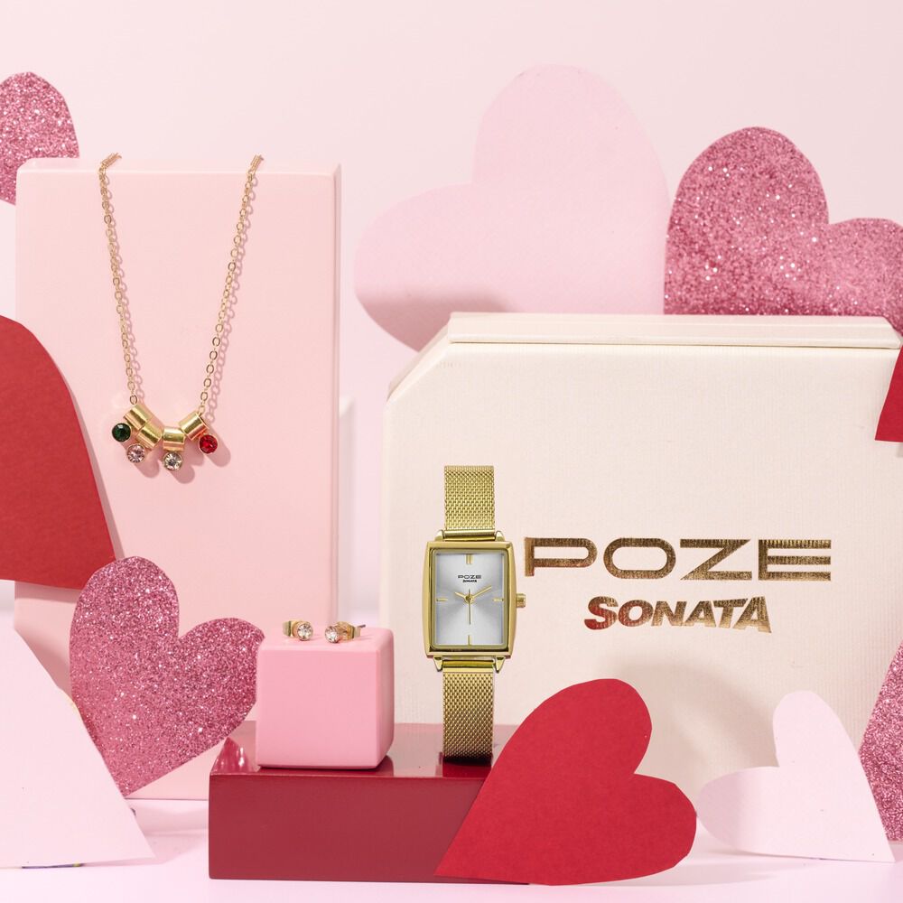 Poze By Sonata Quartz Analog Silver Dial Golden Metal Watch And Jewellery Combo For Women-image-7