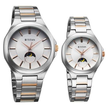 Titan Bandhan Quartz Analog Sun-Moon Silver Dial Two Toned Stainless Steel Strap Watch For Couple