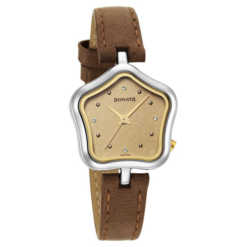 Buy Online Sonata Utsav Beige Dial Beige Leather Strap Watch for Women ...