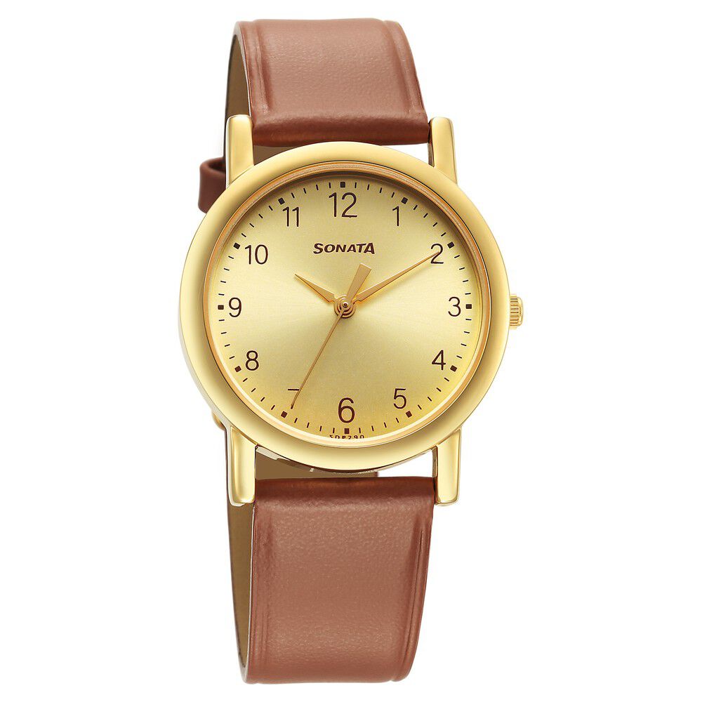 Buy Online Sonata Classic Quartz Analog Champagne Dial Brown Leather Strap Watch for Men 7987yl08w Titan