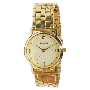 Sonata Quartz Analog with Day and Date Champagne Dial With Golden Color Metal Strap Watch For Men