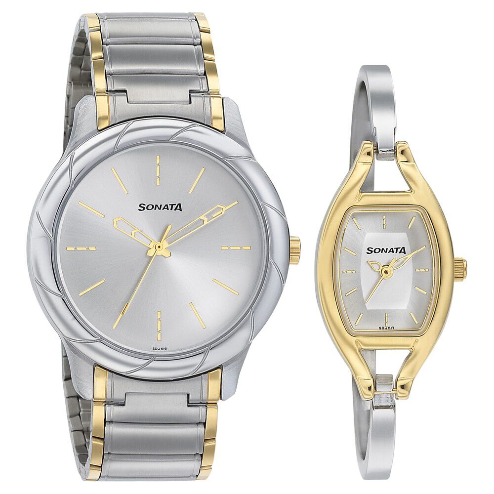 Buy Online Sonata Quartz Analog Silver Dial Stainless Steel Strap Watch for Couple ns71258114bm01p Titan