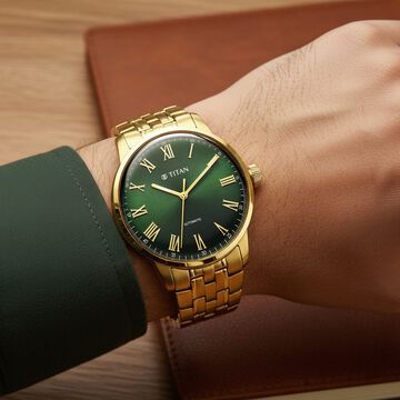 Titan Aurelian Concealed Automatic Analog with Green Dial Roman Numerals Yellow Gold Stainless Steel Strap Watch for Men