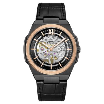 Kenneth Cole Mechanical Hand Wound Analog Mechanical Black Round Dial Black Leather Strap Watch For Men