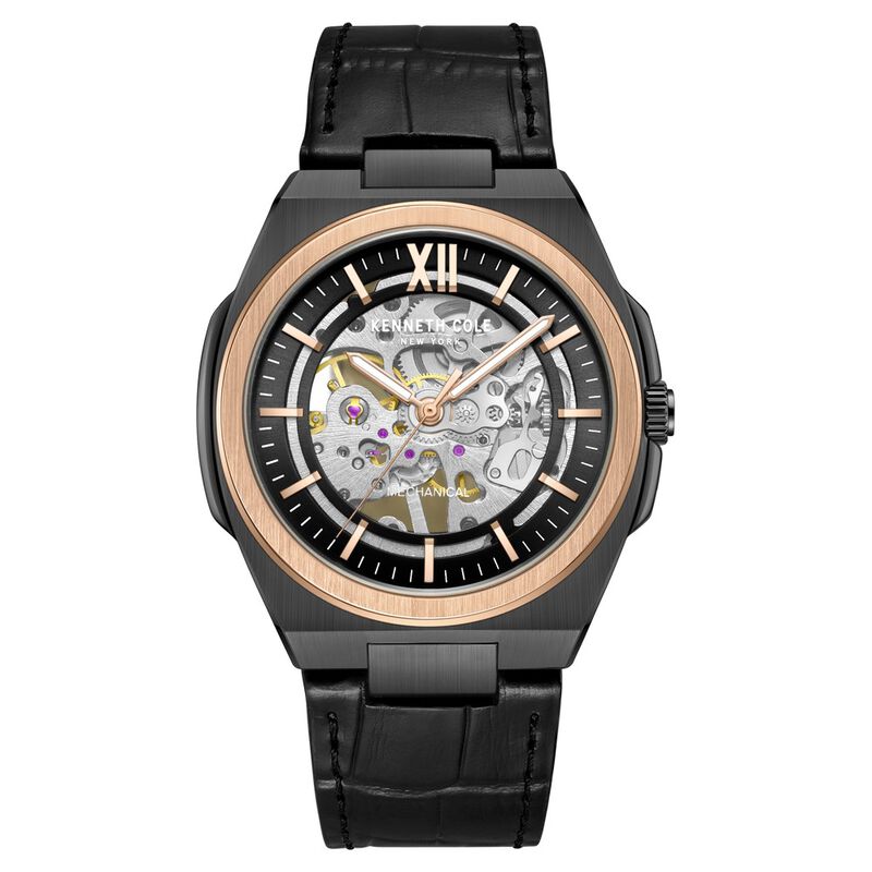 Kenneth Cole Mechanical Hand Wound Analog Mechanical Black Round Dial Black Leather Strap Watch For Men