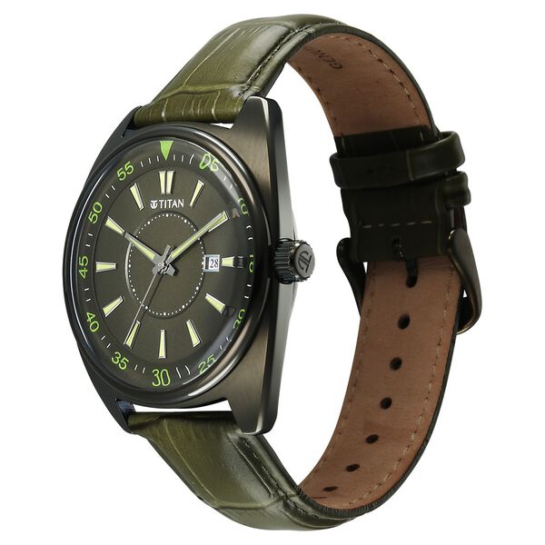 Titan Tonneau Analog with Date and Green Dial Green Leather Strap Watch for Men - image number 4