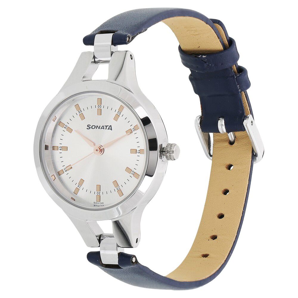 Buy Online Sonata Steel Daisies Silver Dial Women Watch With Leather Strap ns8151sl01 Titan