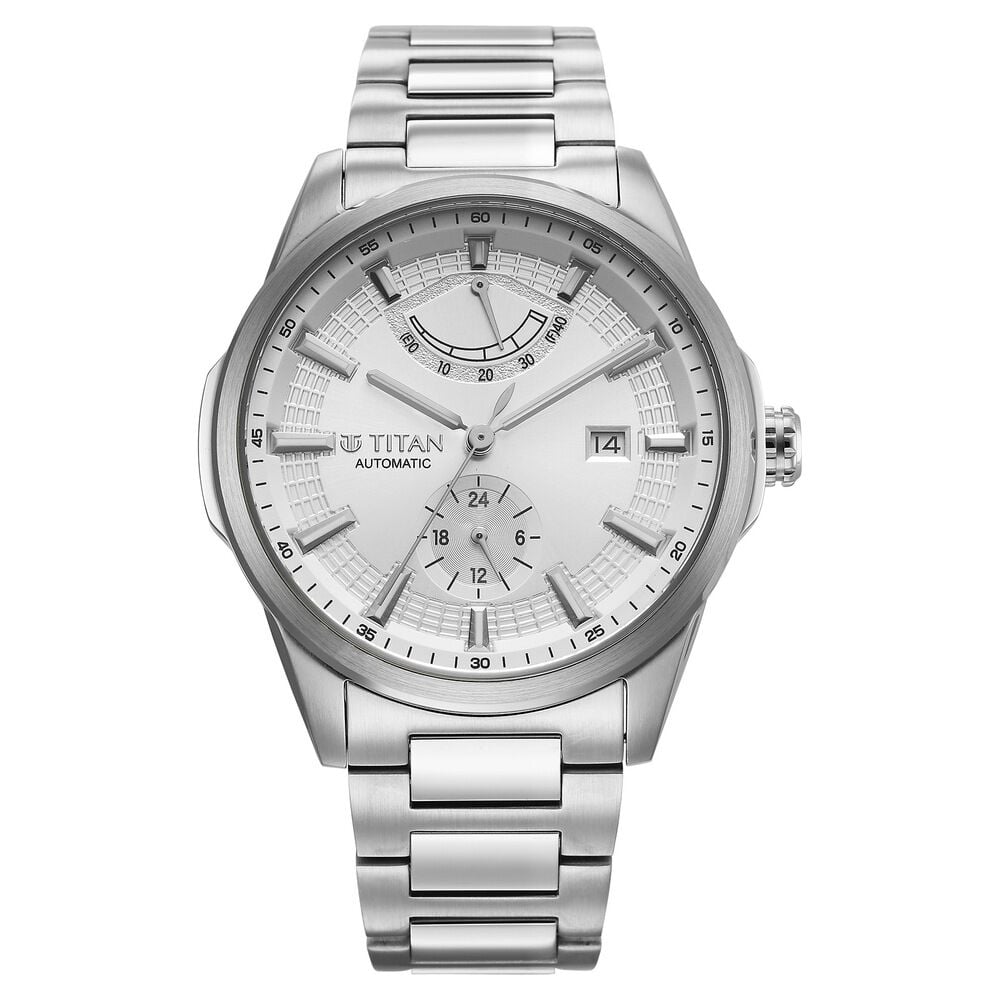Titan Aion Concealed Automatic Analog with Power Reserve Indicator White Dial Silver Stainless Steel Strap Watch for Men-picture-28