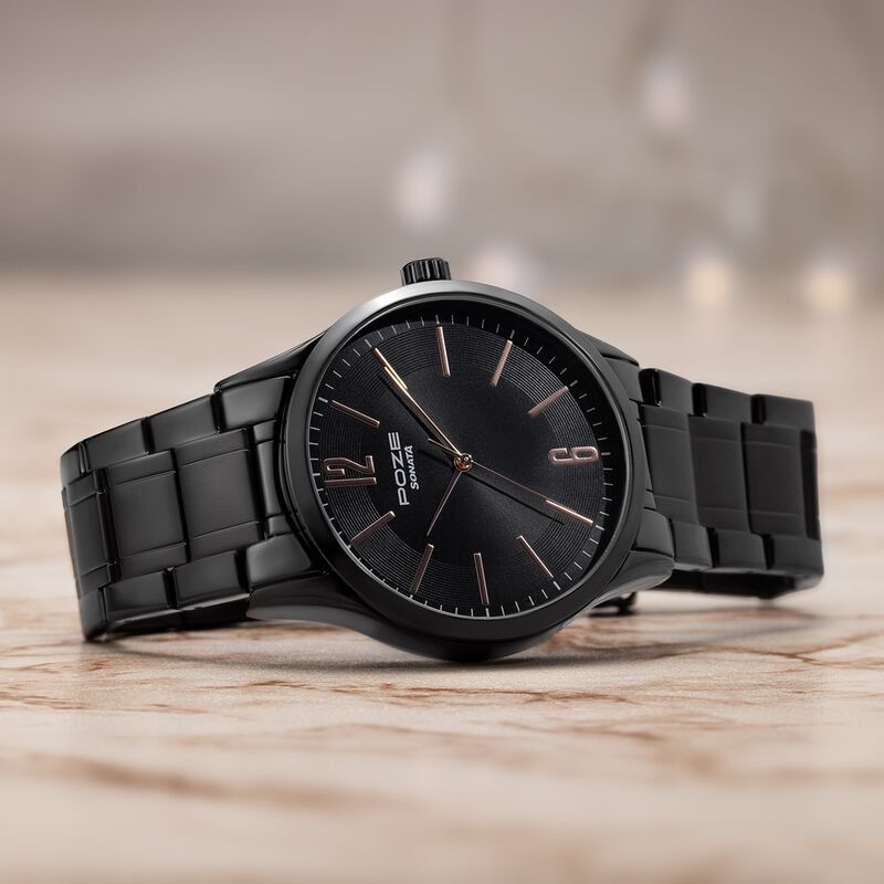Sonata Poze Quartz Analog Black Dial Metal Strap Watch for Men