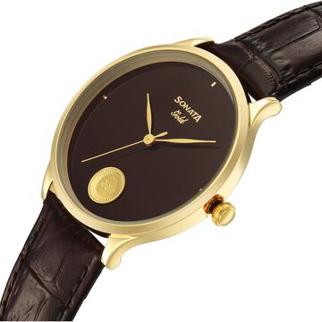 Sonata Gold Quartz Analog Regal Maroon With Gold Coin Dial Brown Leather Strap Watch For Men