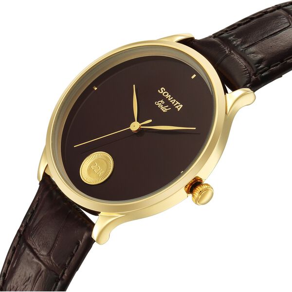 Sonata Gold Quartz Analog Regal Maroon With Gold Coin Dial Brown Leather Strap Watch For Men - image number 4