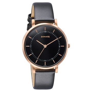 Sonata Modern Edit Quartz Analog Black Dial Leather Strap Watch For Women