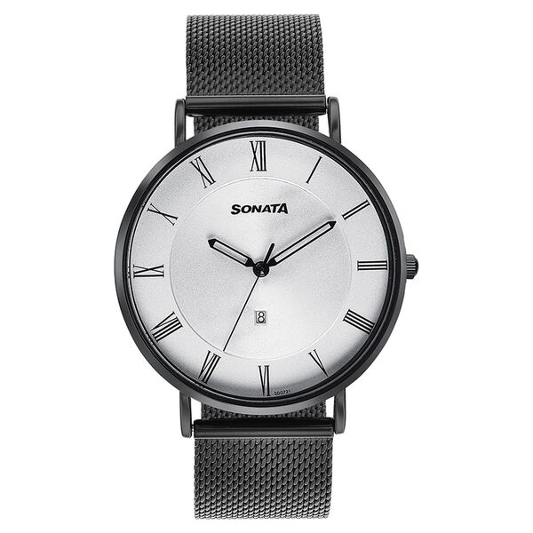 Sonata Quartz Analog with Date Silver Dial Black Stainless Steel Strap Watch For Men - image number 1