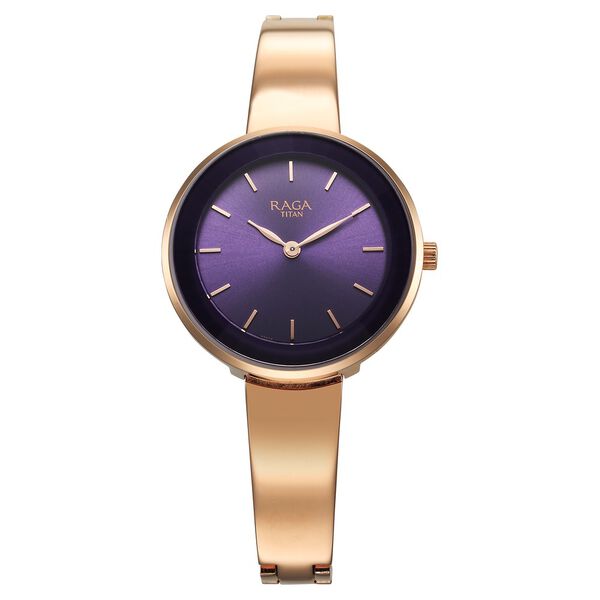 Titan Raga Showstopper Quartz Analog Purple Round Dial Rose Gold Metal Strap Watch For Women - image number 1