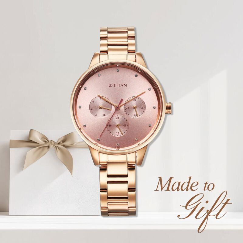 Titan Purple Razzle Dazzle Quartz Analog with Day and Date Pink Dial Rose Gold Stainless Steel Strap Watch For Women