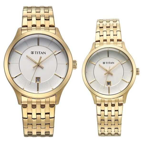 Titan Modern Bandhan Pair Analog with White Dial Yellow Gold Stainless Steel Strap Watch for Couples - image number 0