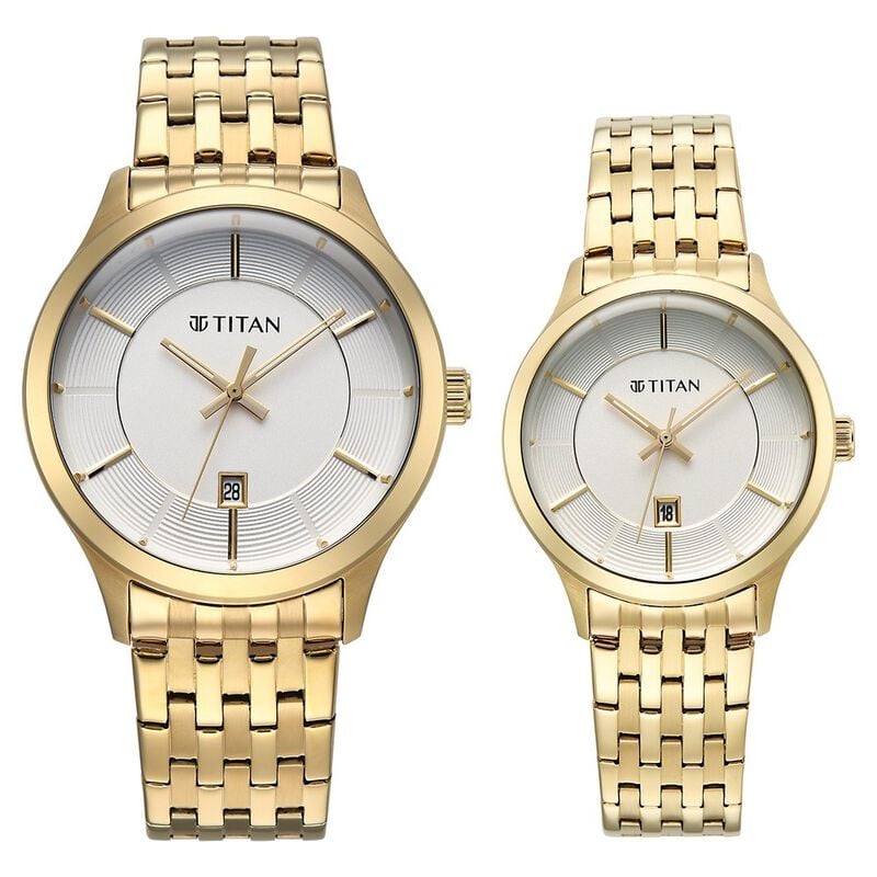 Titan Modern Bandhan Pair Analog with White Dial Yellow Gold Stainless Steel Strap Watch for Couples