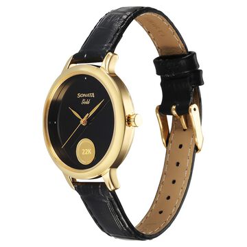 Sonata Gold Quartz Analog Watch for Women with Black Dial Leather Strap With An Eye-Catching Gold Coin on Dial