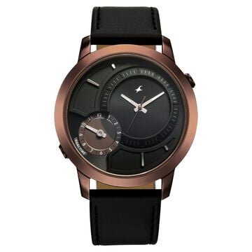 Fastrack Pulse IV Dual Time Watch for Men with  Black Sunray Dial & Black Leather Strap