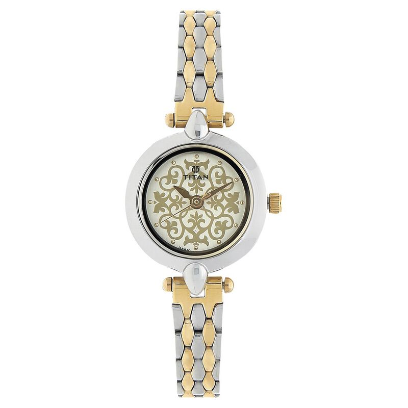 Titan Quartz Analog Champagne Dial Stainless Steel Strap Watch for Women