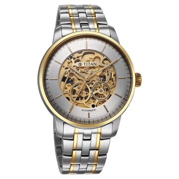 Titan Golden Heart Skeletal Automatic Analog with Silver Dial Dual-Tone Stainless Steel Strap Watch for Men