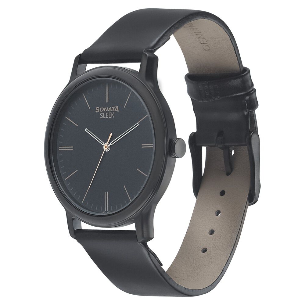 Buy Online Sonata Quartz Analog Black Dial Leather Strap Watch for