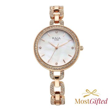 Titan Raga Showstopper Quartz Analog Mother Of Pearl Dial Rose Gold Metal Strap Watch For Women