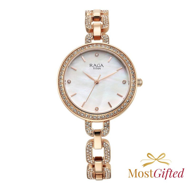 Titan Raga Showstopper Quartz Analog Mother Of Pearl Dial Rose Gold Metal Strap Watch For Women