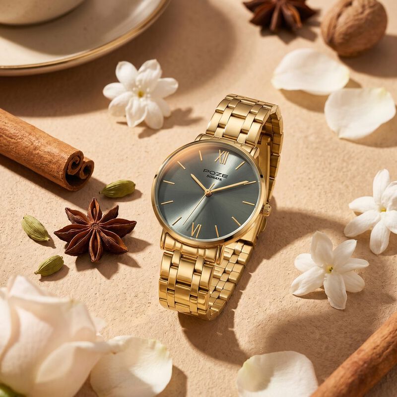 Poze By Sonata Quartz Analog green&nbsp;Dial Golden Stainless Steel Strap Watch For Women