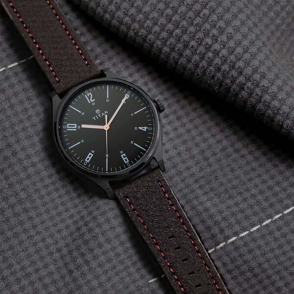 Titan Men's Minimalist Zen Watch Black: Sleek Leather Strap with Contrast Hands - image number 0