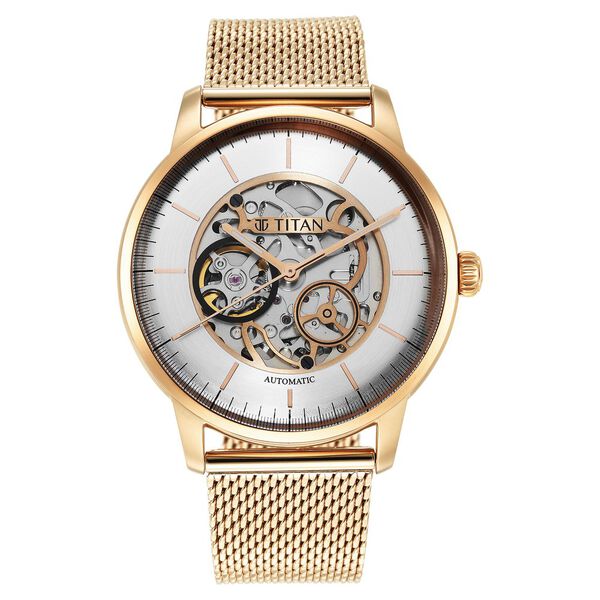 Titan Skeletal Automatic Gold Dial Gold Stainless Steel Strap Watch for Men - image number 2