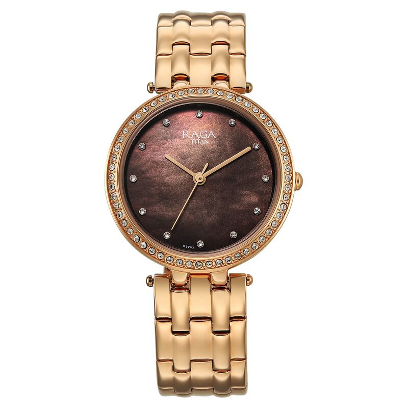 Titan Raga DEC Blaze Quartz Analog Brown Mother Of Pearl Dial Rose Gold Metal Strap Watch For Women