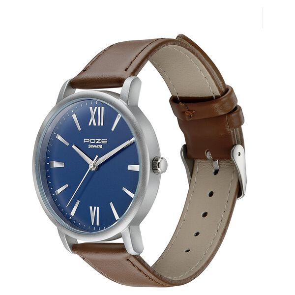 Sonata Poze Quartz Analog Blue Dial Brown Leather Strap Watch For Men - image number 3